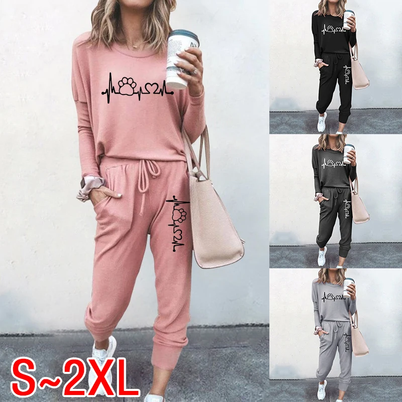 New women's sportswear casual printed round neck pullover and two-piece printed long sleeved jogging suit with long pants summer men s polyester set loose football training suit quick drying top shorts two piece jogging suit