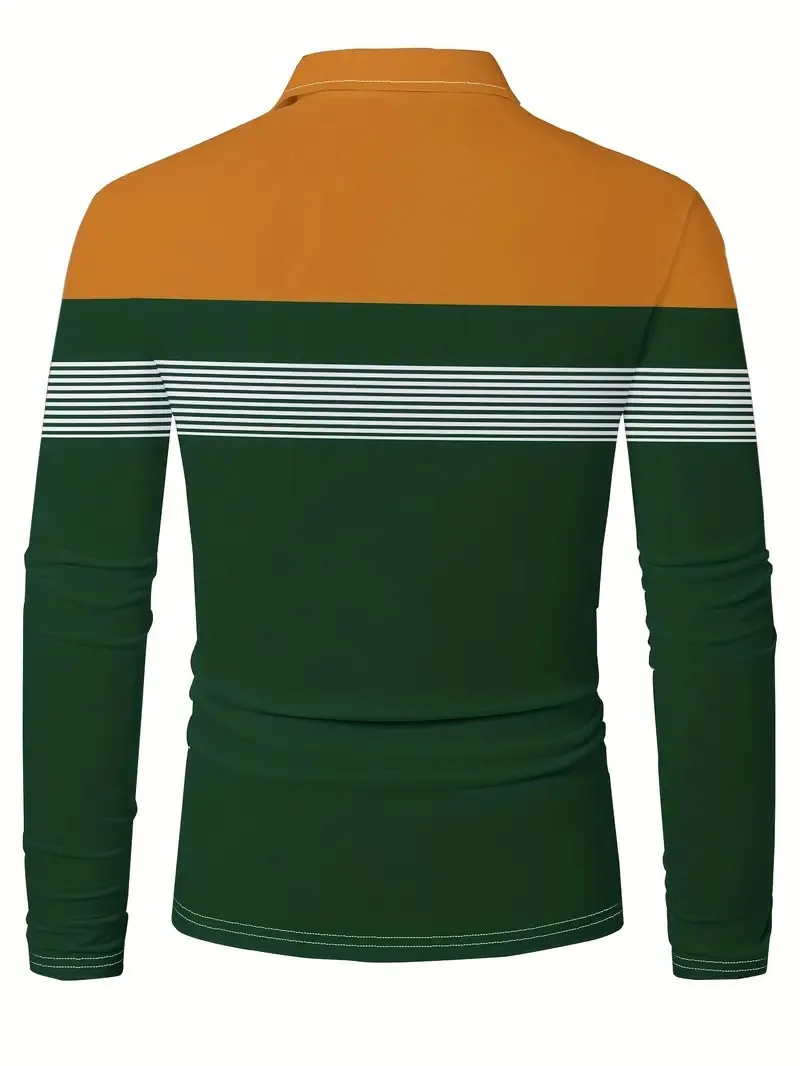 Men’s long sleeve 3D striped breathable casual streetwear polo shirt 951