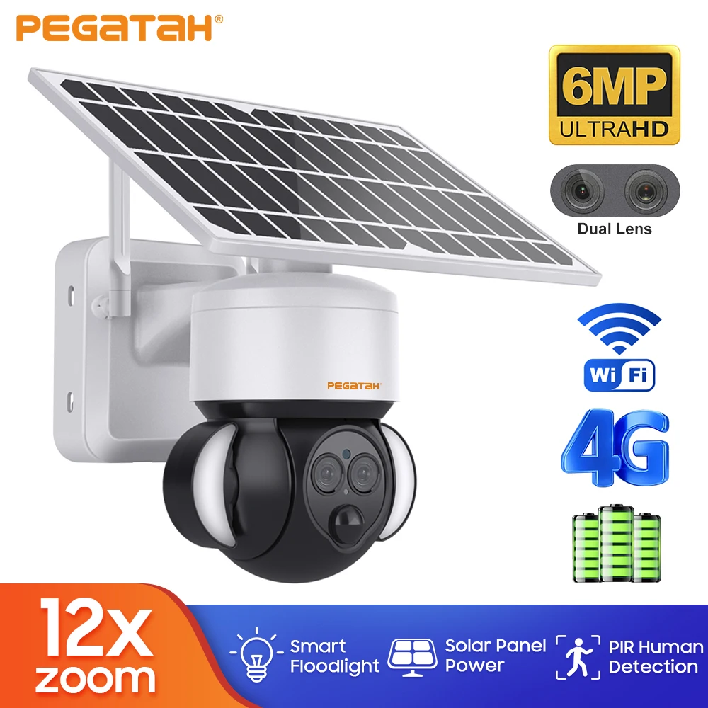 WiFi/4G Solar Camera 6MP 12X Outdoor Dual Lens HD Wireless Power Battery Camera PTZ Security Surveillance IP Camera Garden Light