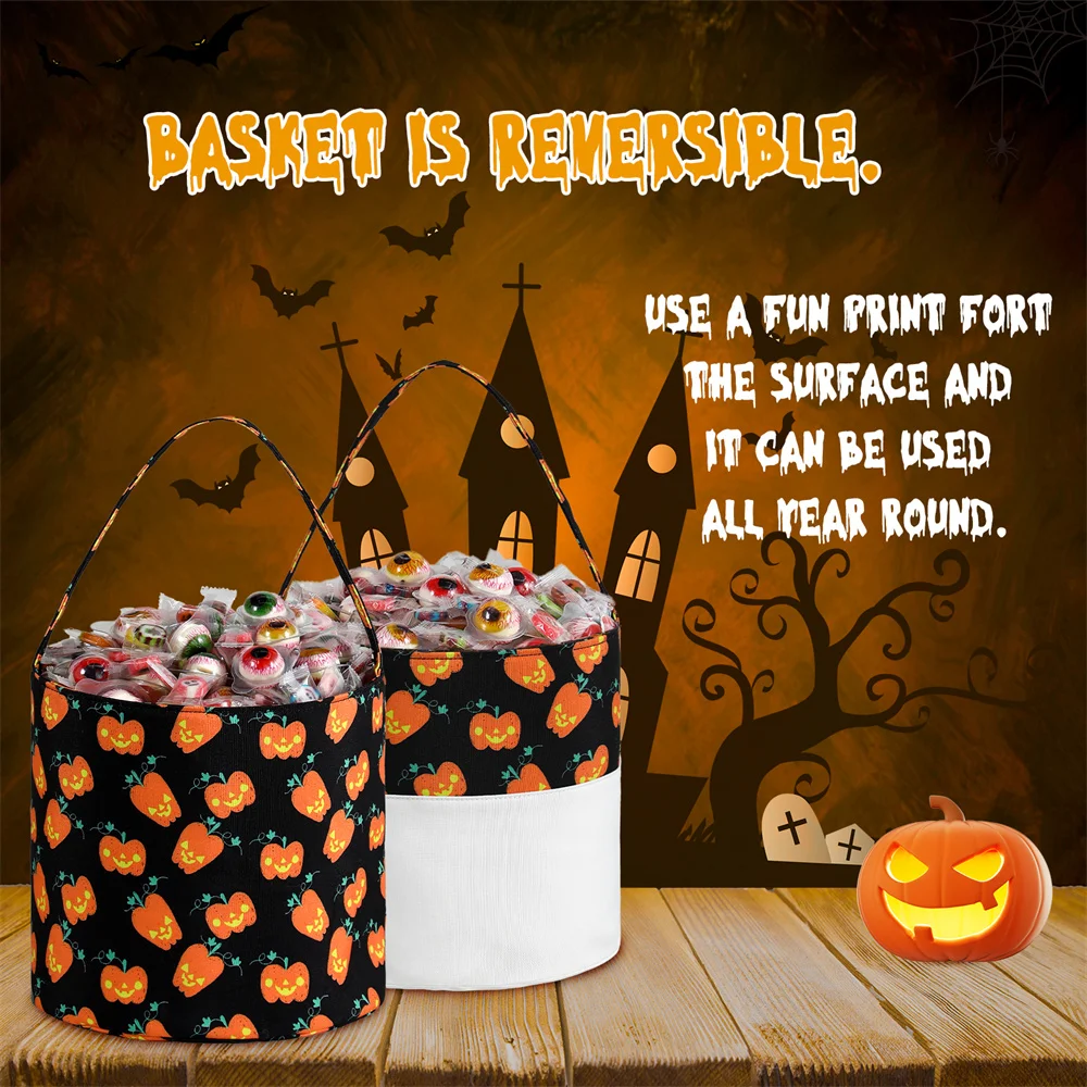 Wendbarer Halloween-Korb mit Kürbis- und Fledermaus-Motiv, Halloween-Tasche für Kinder zum Süßes oder Saures, Schwarze Katze, Halloween-Süßigkeiten-Eimer, Partydekoration – Detail 3