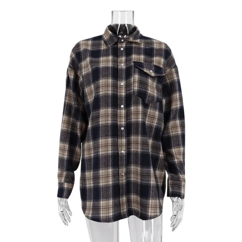 Blusa retro informal para mujer, moda Otoño Invierno 2025, camisas largas holgadas, cárdigan básico a cuadros para mujer, ropa de calle para mujer