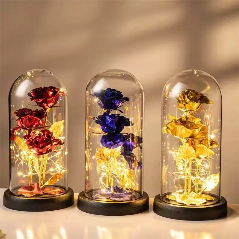 Artificial Flower Ornament Decoration Christmas Valentine's Day Birthday Party Gift Transparent Cover LED Light Imitation Rose