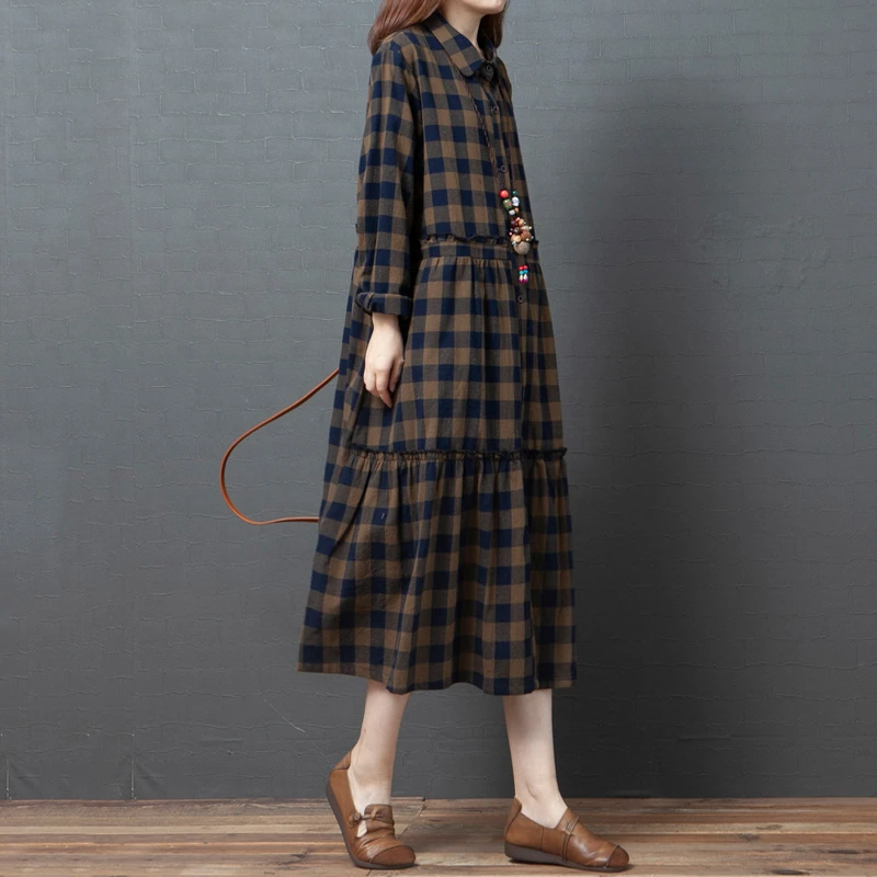2025 Spring Autumn Cotton Plaid Vintage Dresses For Women Casual Long Korean Style Fashion Elegant Dress Office Lady Clothing