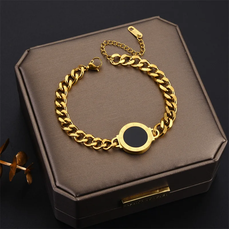 Stainless Steel Bracelet 316 Stainless Steel Black White Double Side Sells Roman Numerals Thick Chain Charm Bracelet for Women pulseras mujer