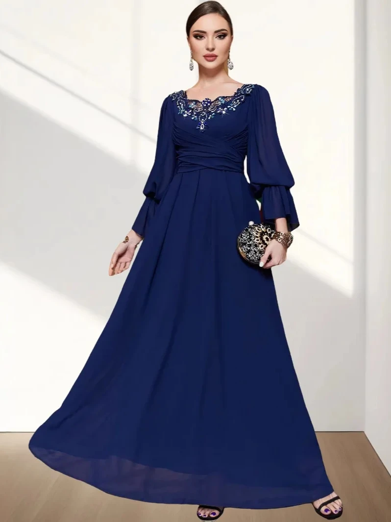 Eid Muslim Maxi Dresses for Women Party Abaya Jalabiya Diamonds Lace ...