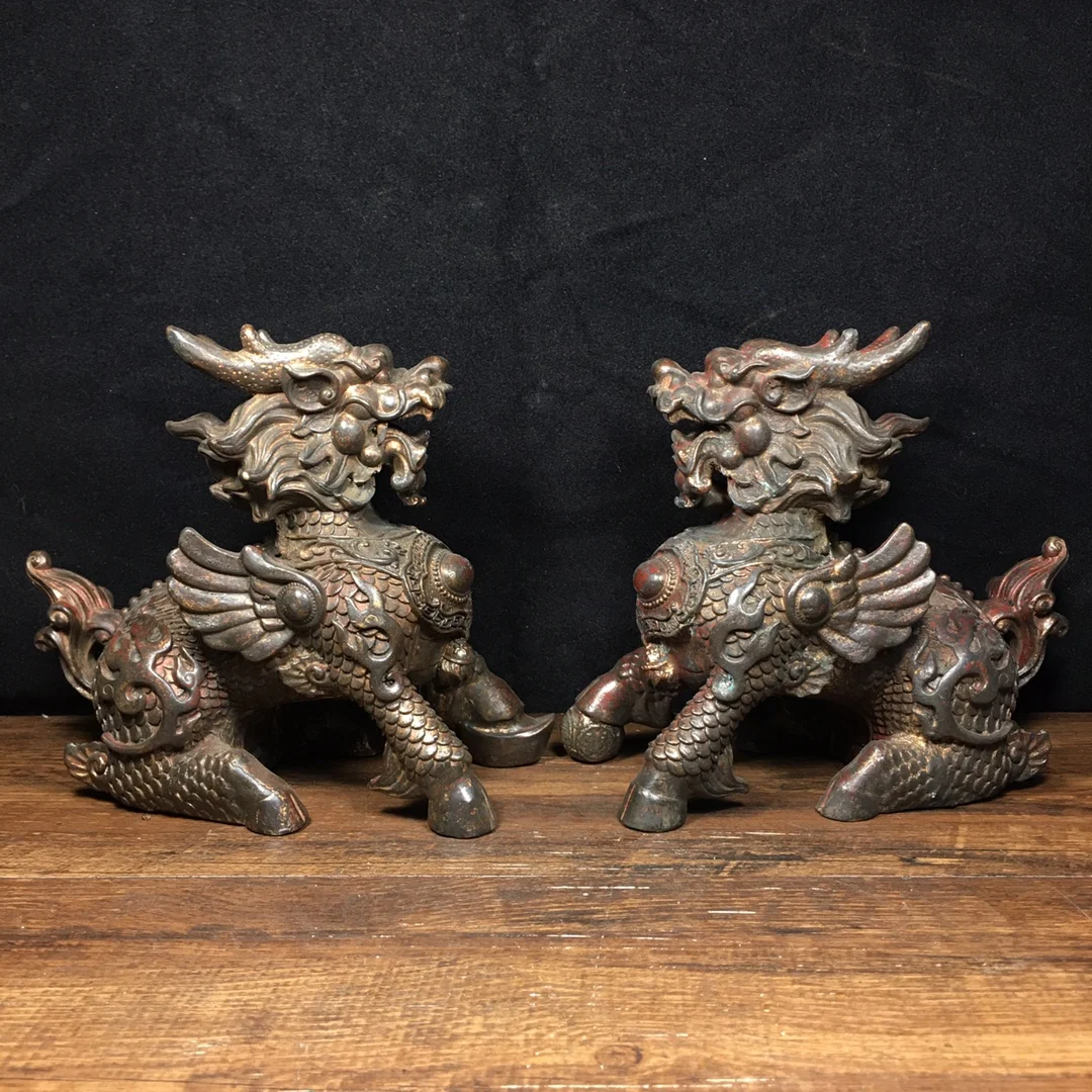 

7"Tibetan Temple Collection Old Bronze Cinnabar Kirin Fire Unicorn Statue a pair Gather fortune ornament Town house Exorcism