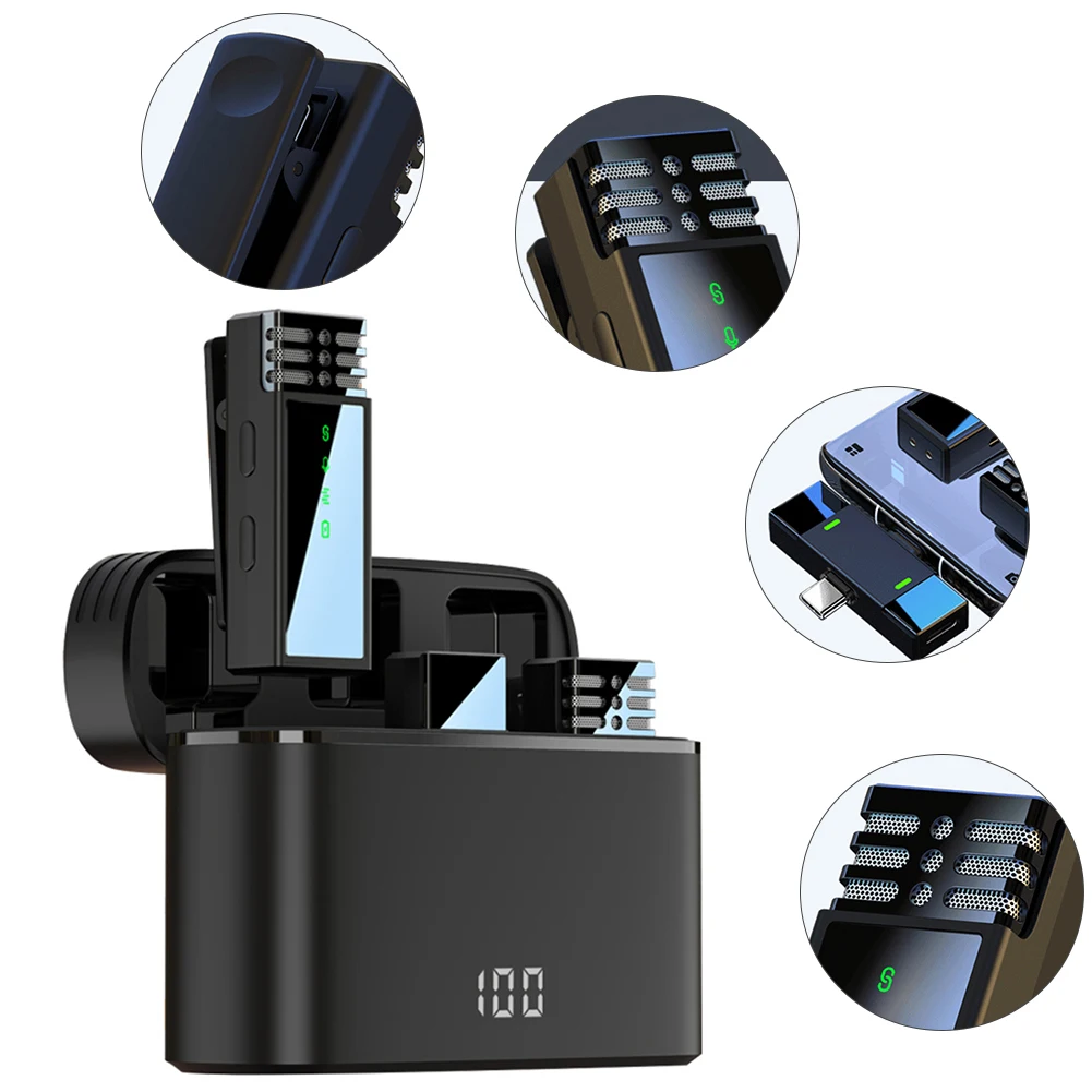 소형 미니 클립 라펠 마이크 노이즈 캔슬링, USB C + 8 핀 포트, 충전 케이스 포함, 아이폰 15, 14, 13, 아이패드 맥북용