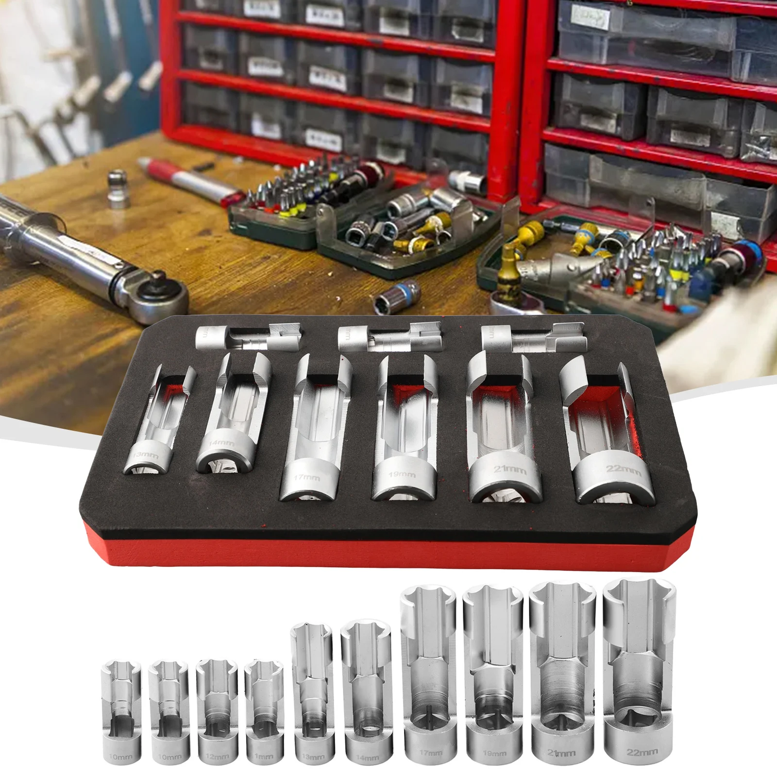 

9pcs/set Fuel Line Socket Wrench 10-22mm 1/4 3/8 1/2 Diesel Injector Union Nut Socket For Pipe Connector Reoval