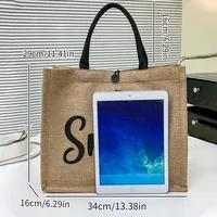 Hand-Painted Woven Canvas Tote Bag for Women – Stylish Letter Print Shopping Handbag, Artistic Casual Shoulder Bag for Daily Use - Image 5
