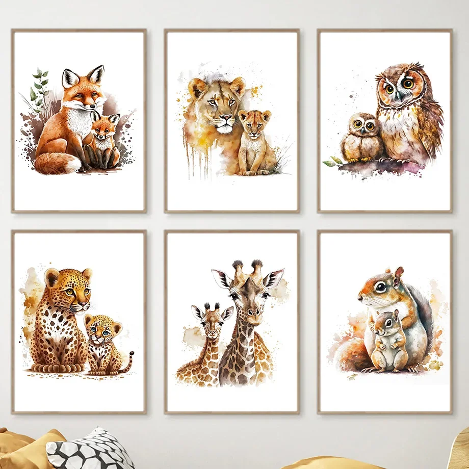 

Watercolor Animal Lion Giraffe Fox Leopard Owl Nursery Wall Art Posters And Prints Canvas Painting Pictures Baby Kids Room Decor