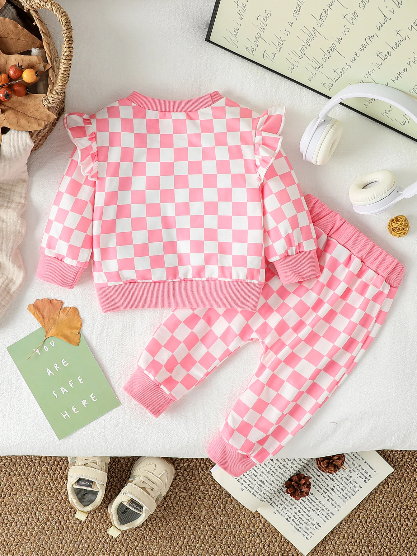 2Pcs  소녀 핑크 긴 소매 체커 보드 운동복 + 바지 가을 캐주얼 의류 세트 1-3Y 데일리웨어