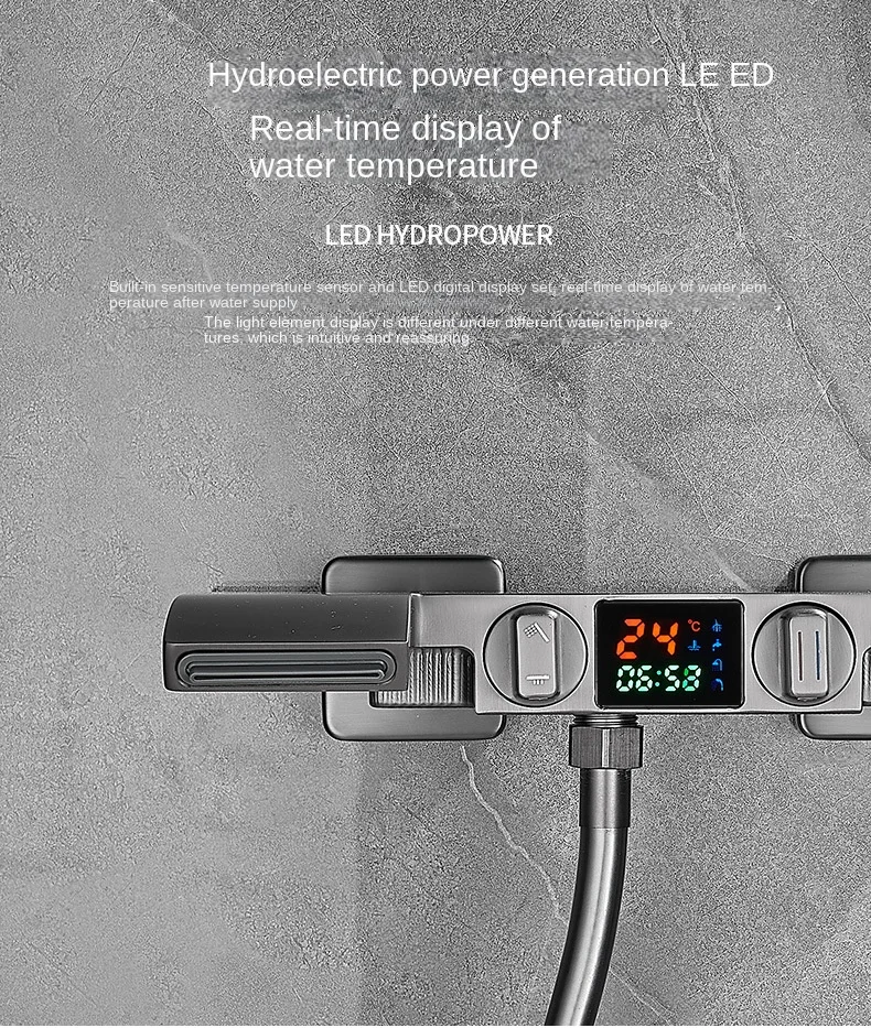 Description Picture 4 of itemModern Waterfall Shower Set with LED Display, Wall-mounted Hot and Cold Mixer Valve, Bathroom Gunmetal Grey Shower System