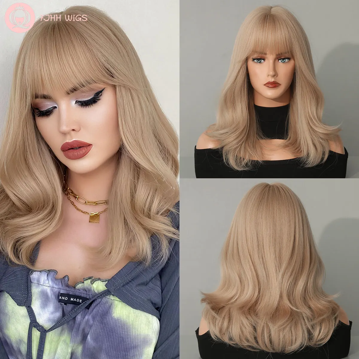 7JHH WIGS Honey Blonde Wig for Woman Daily Cosplay Natural Medium and Long Synthetic Hair Wigs with Bangs Heat Resistant Fiber bubuwig synthetic hair genshin impact klee cosplay wigs women 35cm medium long straight light blonde ponytail wig heat resistant