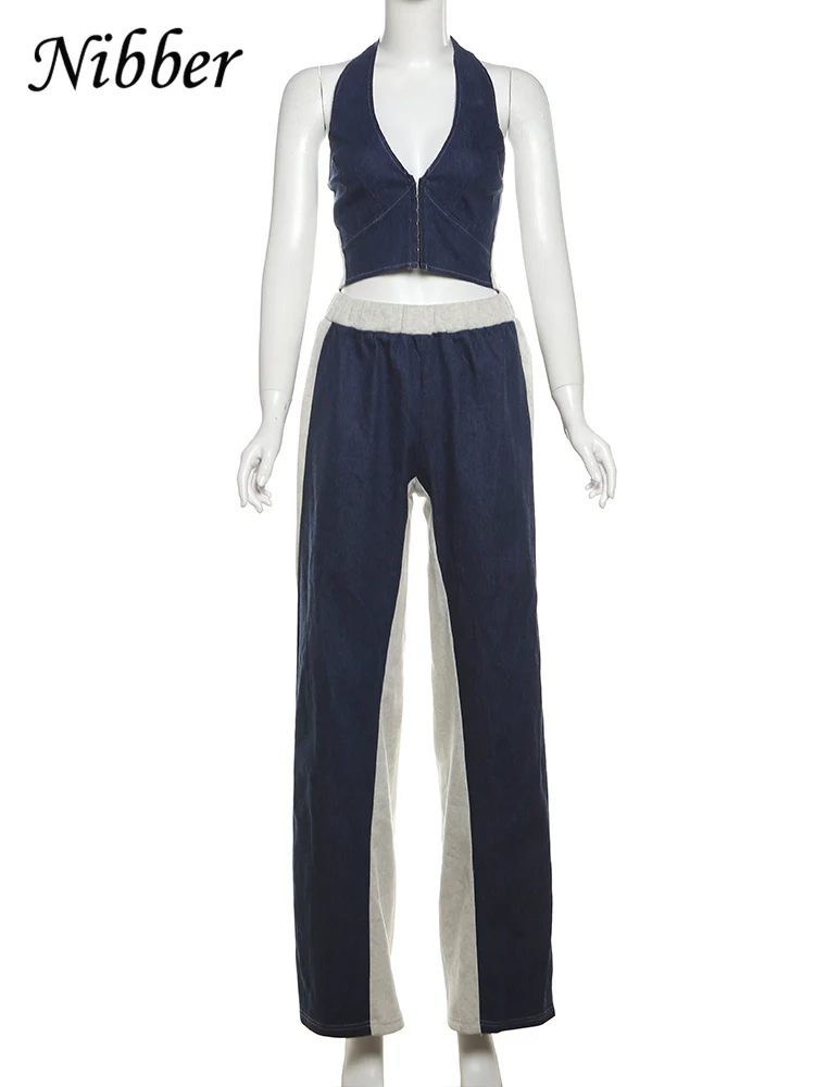 Nibber Sporty Women 2 Piece Set Tracksuit Zip Halter Single-Breasted Tank Tops+Straight Pants Matching  Street Hip Hop Outfits