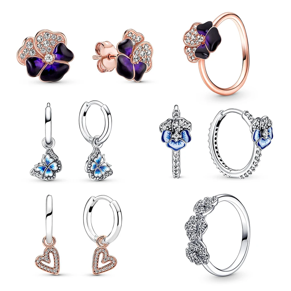 2022 NEW 925 Sterling Silver Pan Blue Butterfly Hoop Sparkling Freehand Heart Hoop Earrings Deep Purple Pansy Flower Ring Gifts