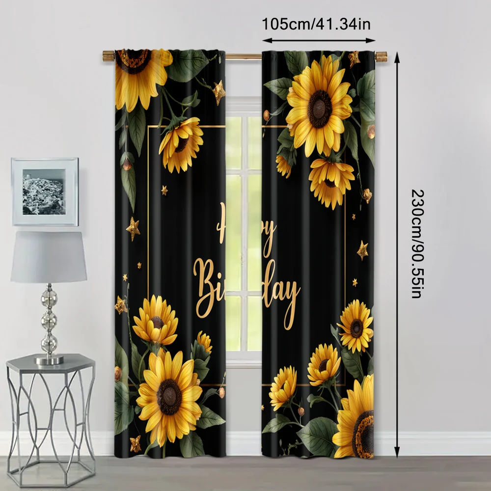 2pcs, Curtains Digital Printed 2D print Sunflower Happy Birthday Durable 100% Polyester Fabric (without rod) Room Decor Use for 4