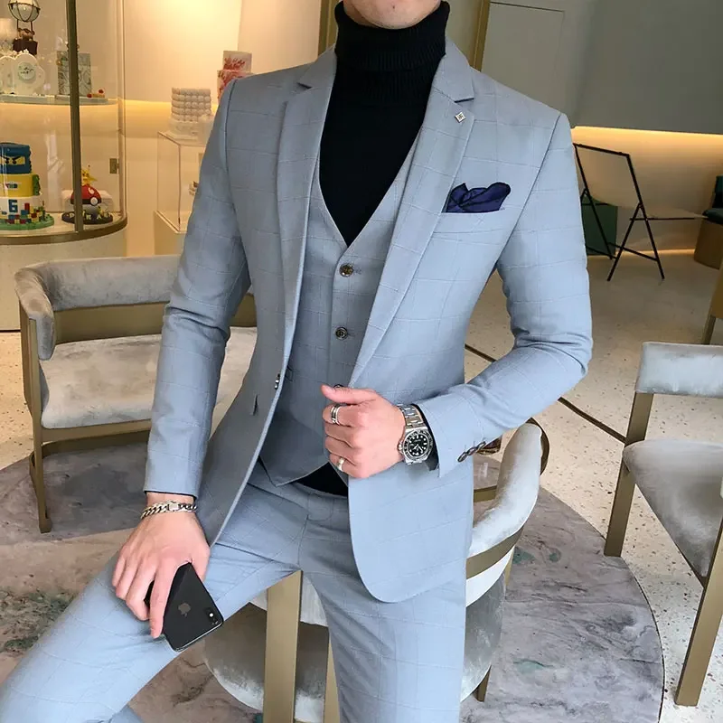 

3 Pieces Suits Sets Jackets+Pants+Vest Wedding Dress for Men Blue Plaid Formal Wear Suits New Men Slim Groom Suits Size XS-5XL
