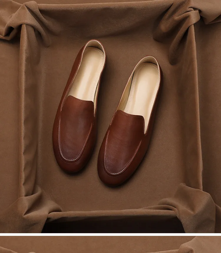 SHOEBOX 한국어 버전 편안한 부드러운 가죽 로퍼, 영국 스타일 플랫 바닥 라운드 토 천연 가죽 싱글 슈즈