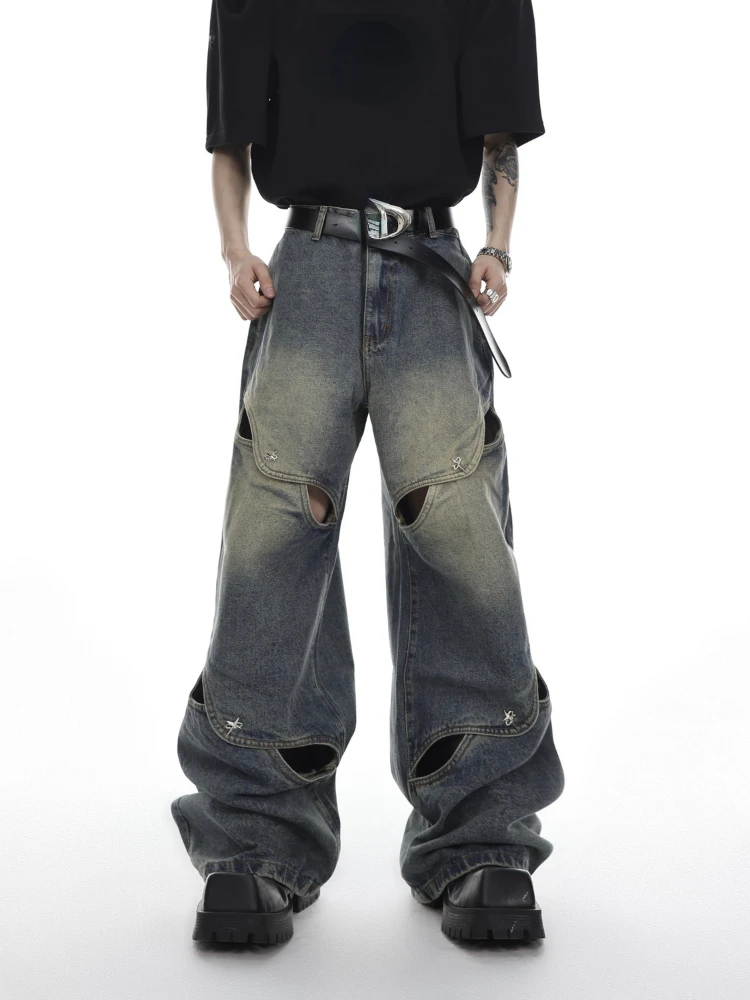 

2023 Summer Wide Leg Jeans Pants Streetwear Baggy Distressed Denim Trousers Male Oversize Hollow Out Casual Korean Hip Hop Chic