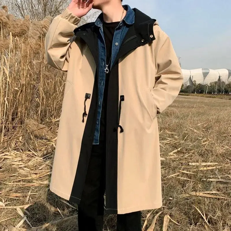 Autumn Winter New Fashion Hoodies Fake Two Pieces Color Blocking Trench Men's Korean Button Trend All-match Youth Tops