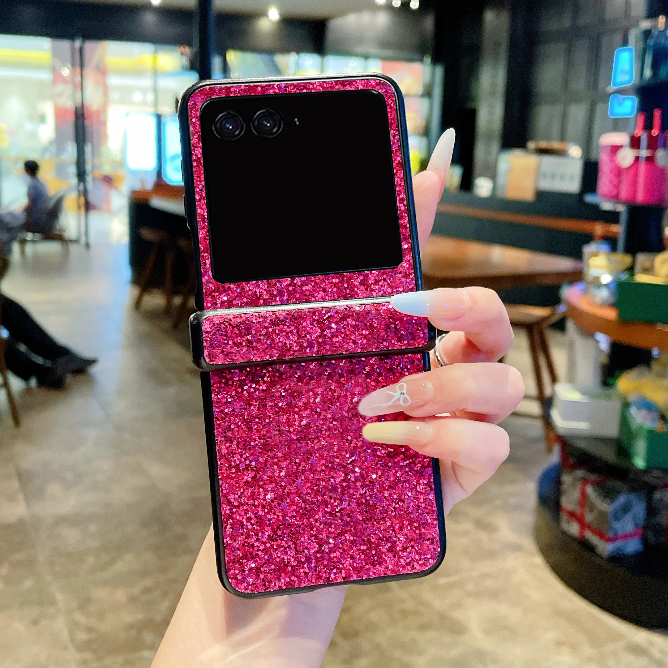 Sparkling Rhinestones Glitter Leather Phone Case with Shiny Hard PC Cover