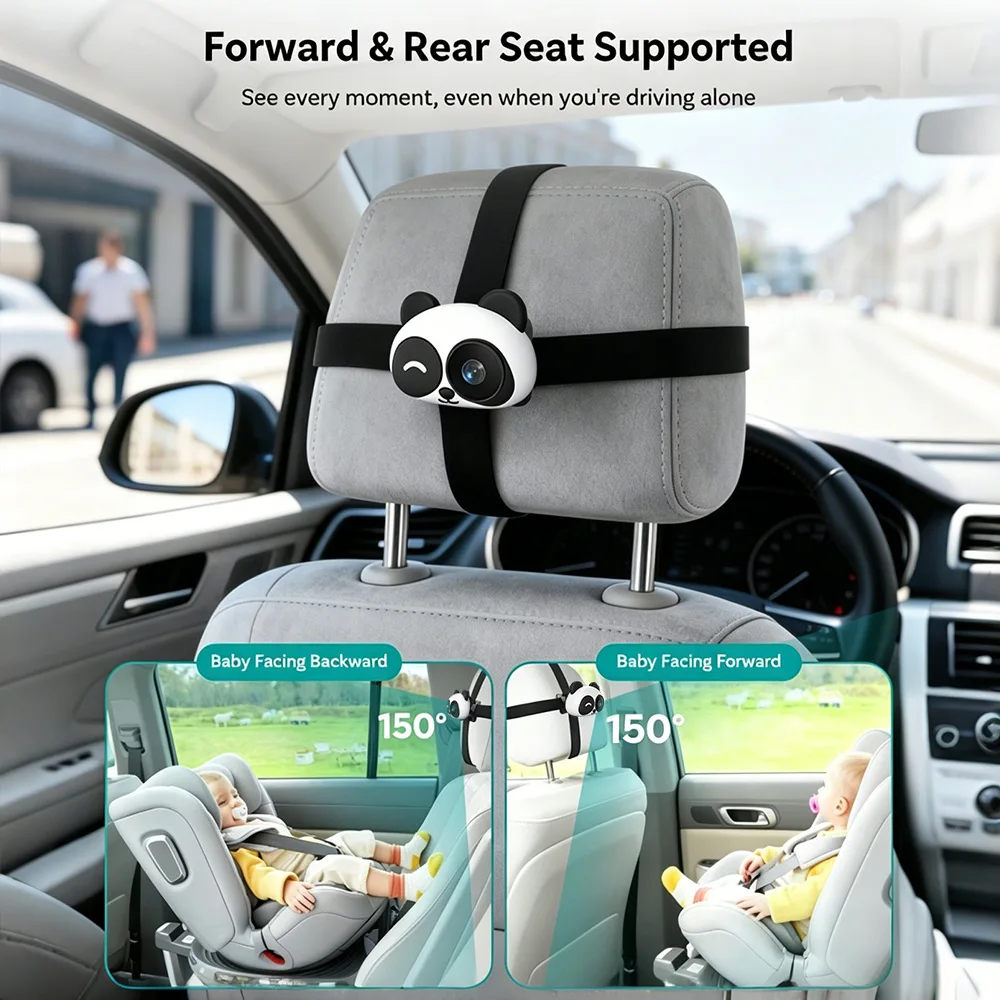 Telecamera per Auto Cabin Care Baby con Adattatore Wireless Carplay 1080P 150 ° Monitor per sedile posteriore con visione notturna ad angolo ampio, facile da installare - immagine 3