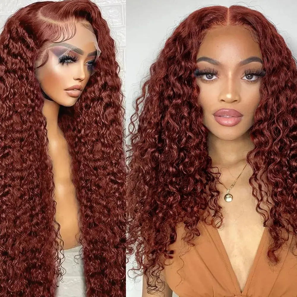 

200% Density Reddish Brown Deep Curly Lace Front Human Hair Wig HD Transparent 13x4 Pre Plucked Deep Wave Frontal Wig for Women