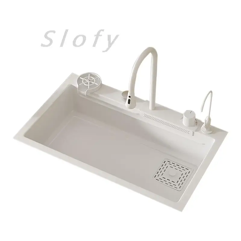 White/Balck/Grey 304 Stainless Steel Waterfall Kitchen Sink Single Bowl Wash Basin Home Sink Topmount  Workstation Drainage Set 6