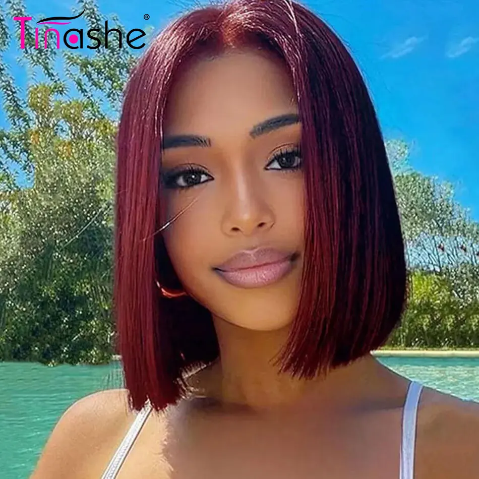 Tinashe 99j Burgundy Straight Bob Wig Glueless 6&times;5 Pre-Cut HD Lace Wig Pre Bleached Wear & Go Short Bob Human Hair Wigs