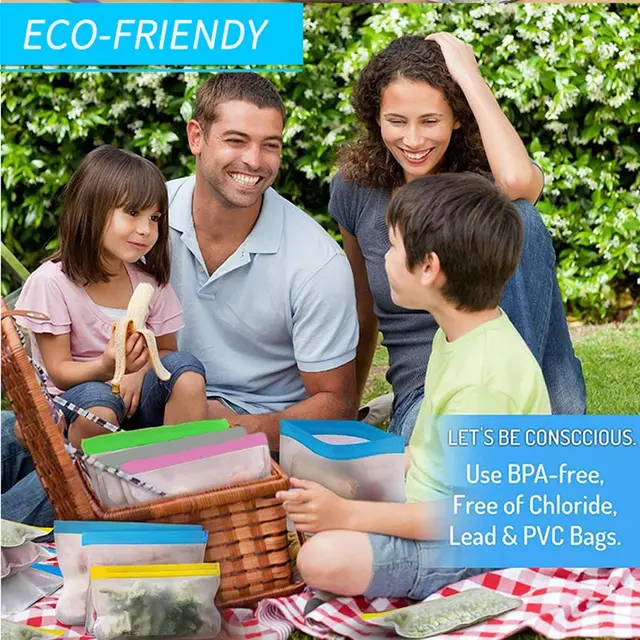 Sac alimentaire en Silicone réutilisable, congélateur, sac de stockage des aliments debout, sac PEVA, conteneurs étanches, sac frais de cuisine, sac enveloppant à fermeture éclair 5