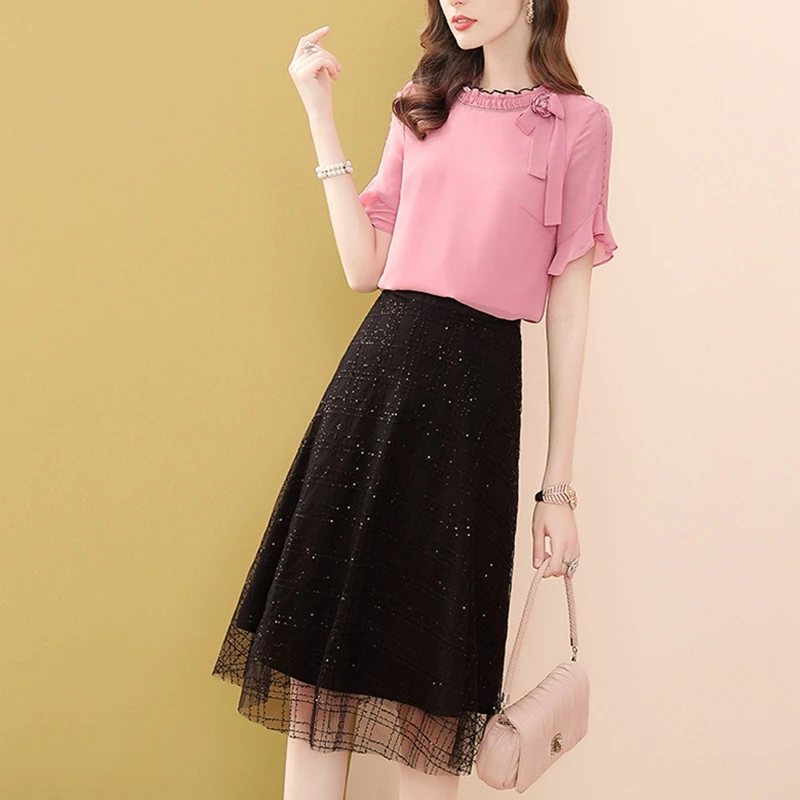 

Summer Chiffon Two Piece Set Women Suit Outfits Elegant Bow Flower Short Sleeve Top and Sequin Plaid Mesh Tulle Skirt 2 Pieces