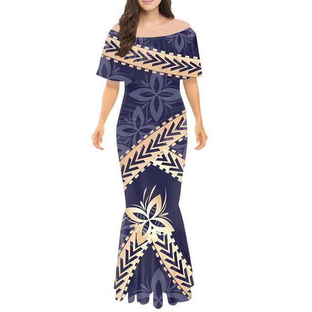 Polynesian Tribal Clothing Samoan Tongan Style Purple Tapa Print Design  Custom High Fashion Dress Luxury Dresses