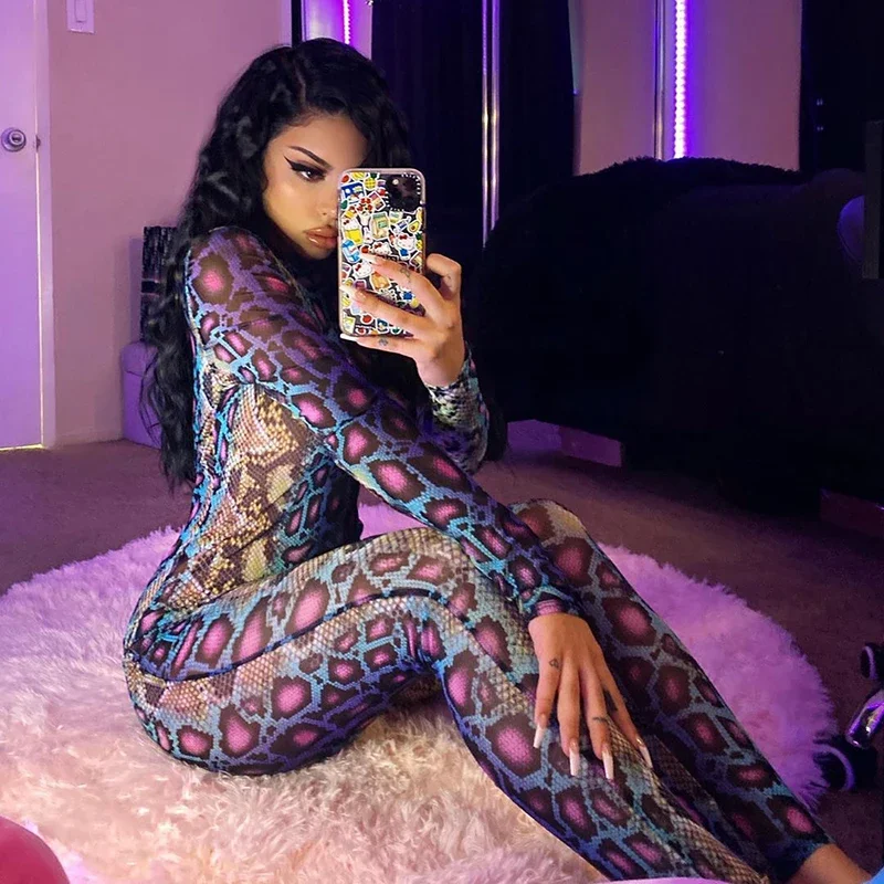 New Sexy Animal Mesh Bodystocking Snake Print See Through Velour Long Sleeve Rompers Jumpsuit Womens Slim Midnight Clubwear