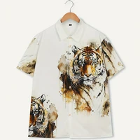 Painting Tiger Pattern Men's Vintage Short Sleeve Button Down Shirt, Men's Leisurewear For Summer Holiday Men's Oversized Shirts 2