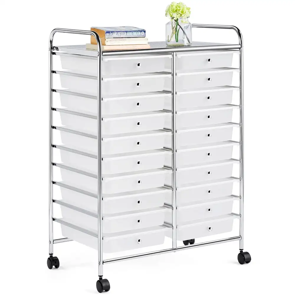 

3.95 Gallon 20 Drawer Rolling Metal and Plastic Storage Bin with Wheels, White