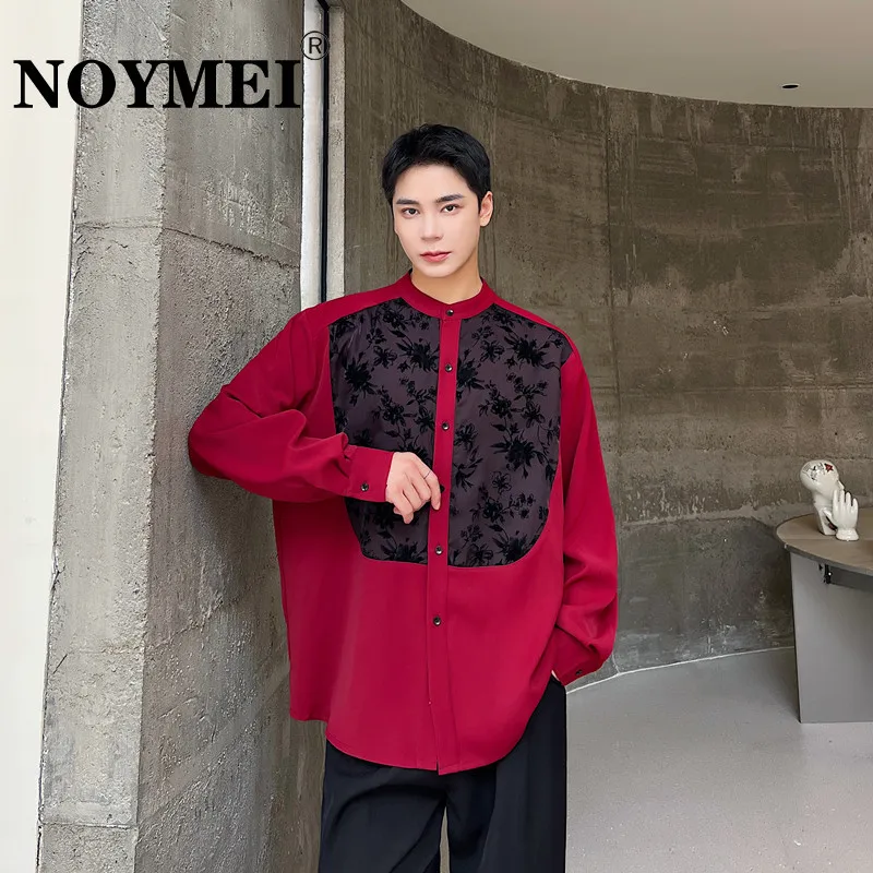 

NOYMEI Round Neck Shirt Men Autumn Fashionable Patchwork Single Breasted Long Sleeve Red Contrast Color New 2024 Male Top WA2761