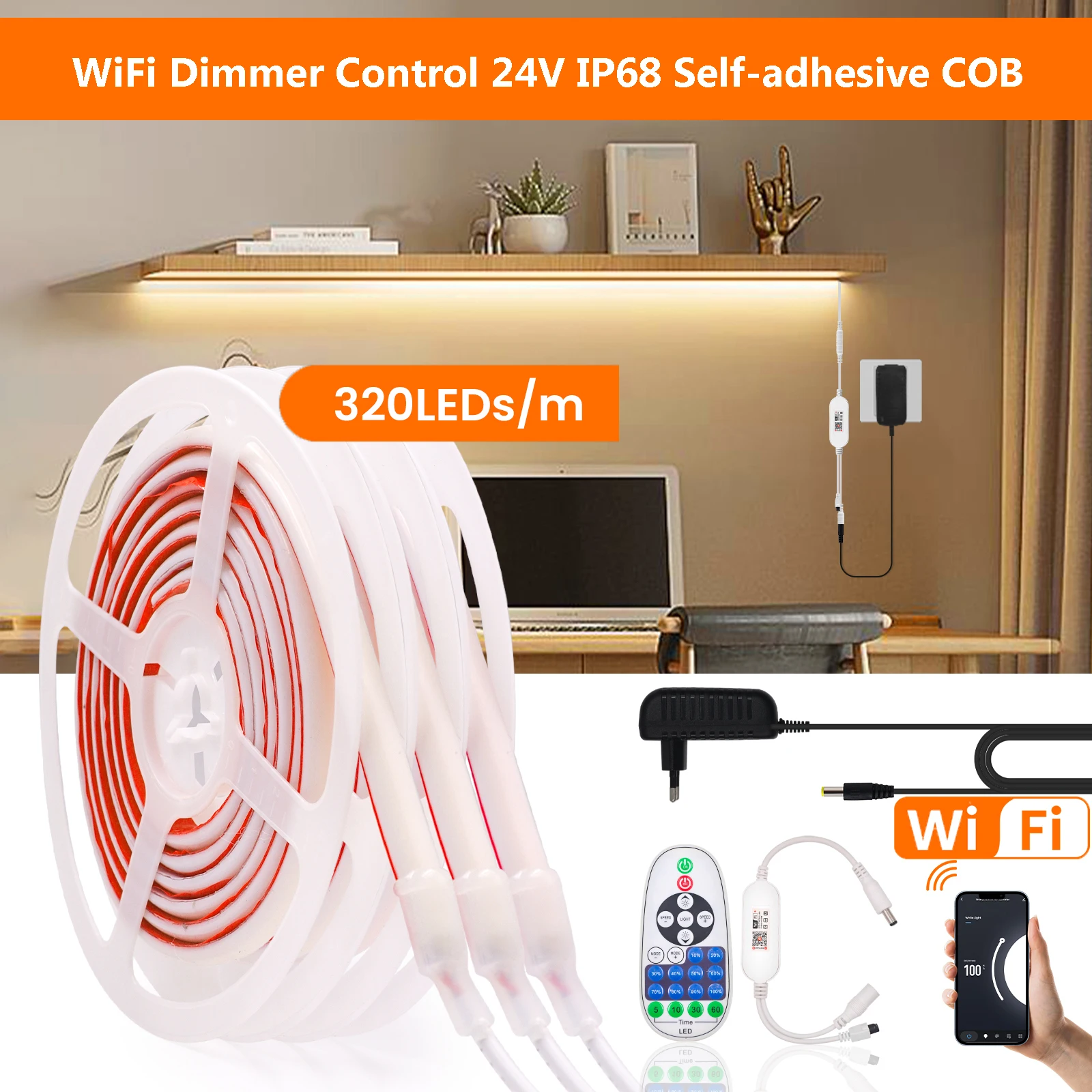 24VCOBLEDStripIP68320LEDsmWiFiDimmerControlNeonRopeLight