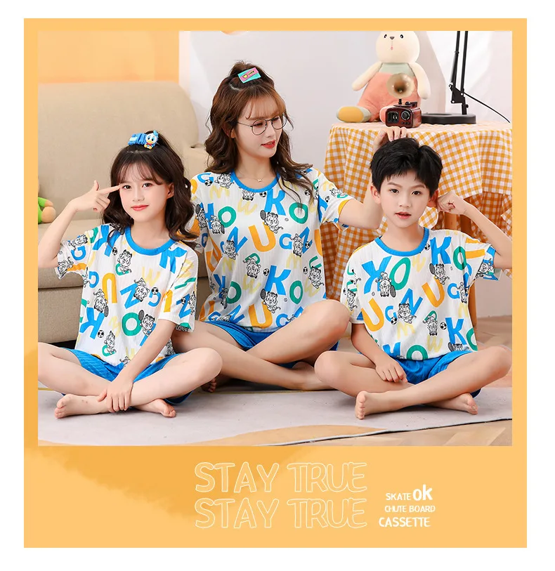 2 pieces for boys and girls pajamas Summer parent-child thin short sleeve cute neutral children's set Cute Children's homewear