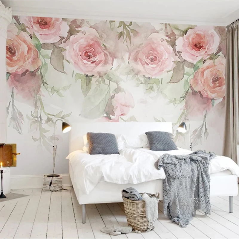 Papel de Parede Fotográfico Personalizado 3d Rose Flowers Murais de Aquarela Papel de Parede para Sala de Estar Decoração de Casa Moderna
