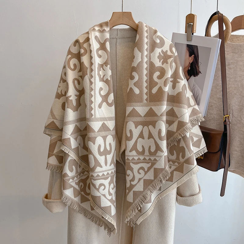 Women's Winter Fashion Faux Cashmere Scarf Vintage Floral Print With Tassels Thick Warm Shawl Trendy Wrap For Cold Weather