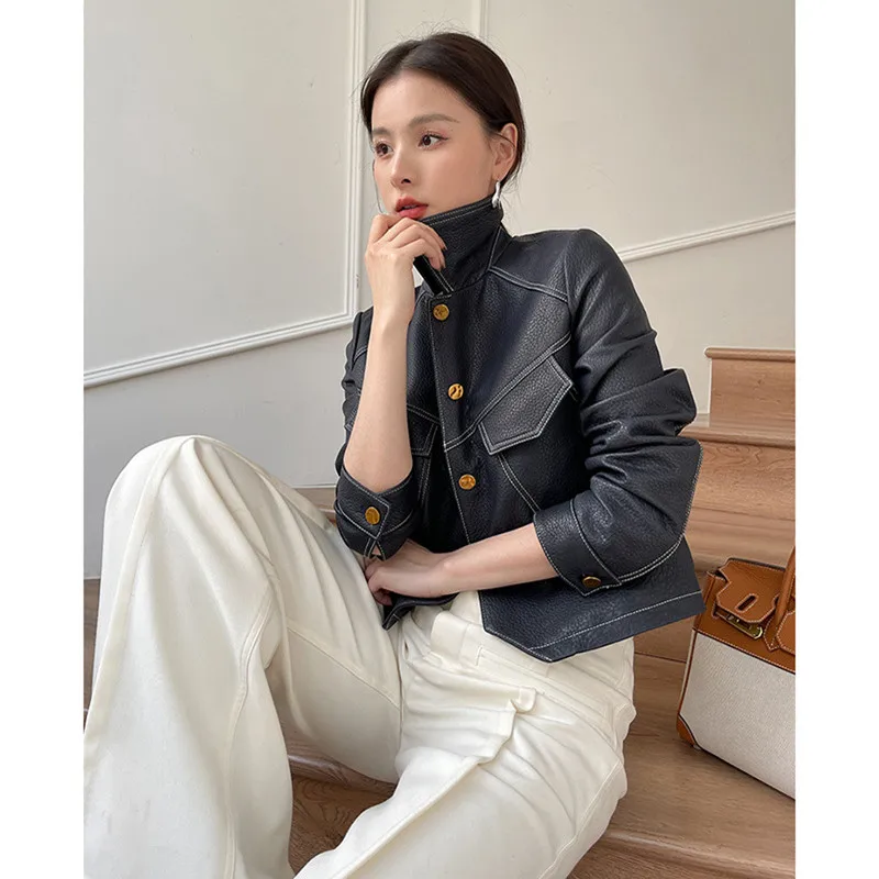 Women's Lapel Leather Coat, Short Genuine Leather Jacket, Sheep Skin Outerwear, Spring and Autumn