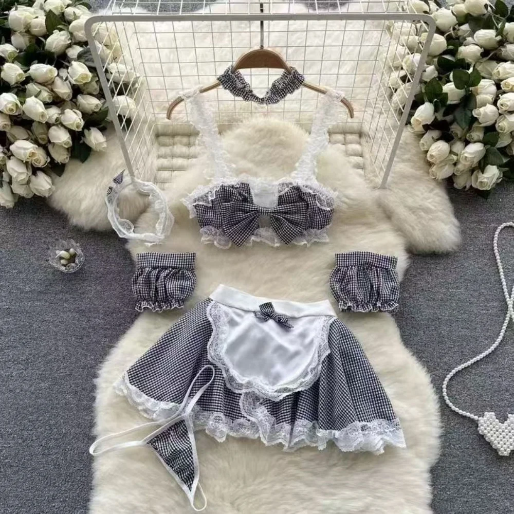 Ruffle Sweet Bow Plaid Strap Camisole Top Lace Patchwork Mini Skirt Maid Cosplay Uniform Women's Sexy Erotic Lingerie Nightwear