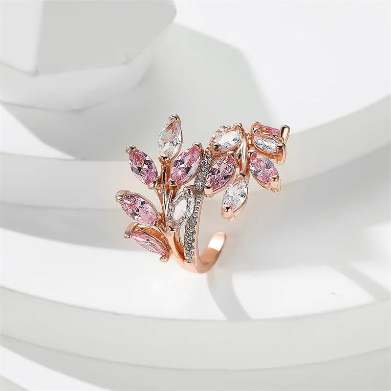 Marquise Cut Multicolor Zircon Leaf Ring in Rose Gold Boho Style