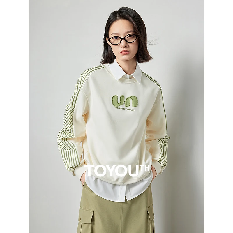 

TOYOUTH Women Sweatshirt 2024 Spring New Contrasting Color Patchwork Striped Long Sleeve Round Color Casual Pullover Tops