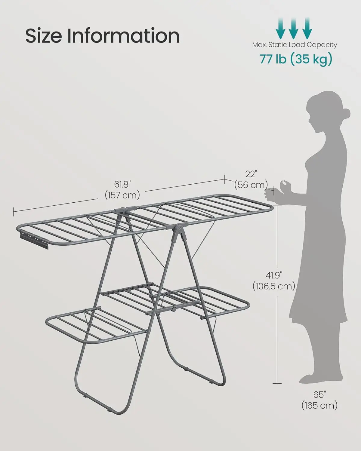 Clothes Drying Rack, Foldable 2-Level Laundry Drying Rack, Free-Standing Laundry Airer, with Height-Adjustable Wings