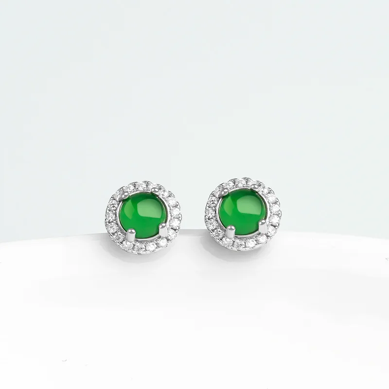 

S925 Silver Inlaid Natural A-goods Jade Egg Surface Yang Green Ice Jadeite Earrings Fashion Women's Jewelry Drop Shipping