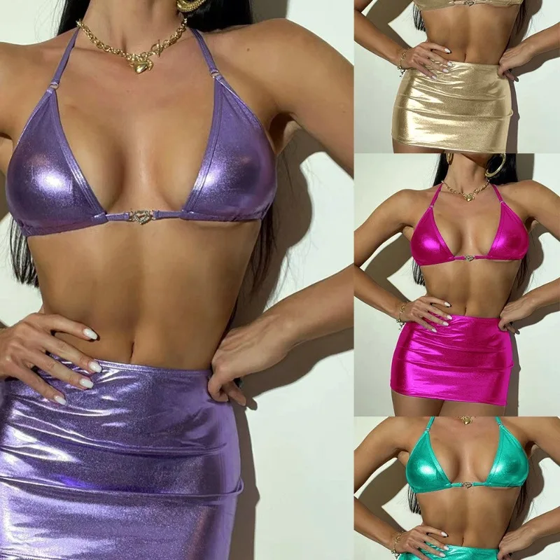 European and American Swimsuit Bikini Three Piece Set Solid Color Sexy Tight Fitting Backless Bikini