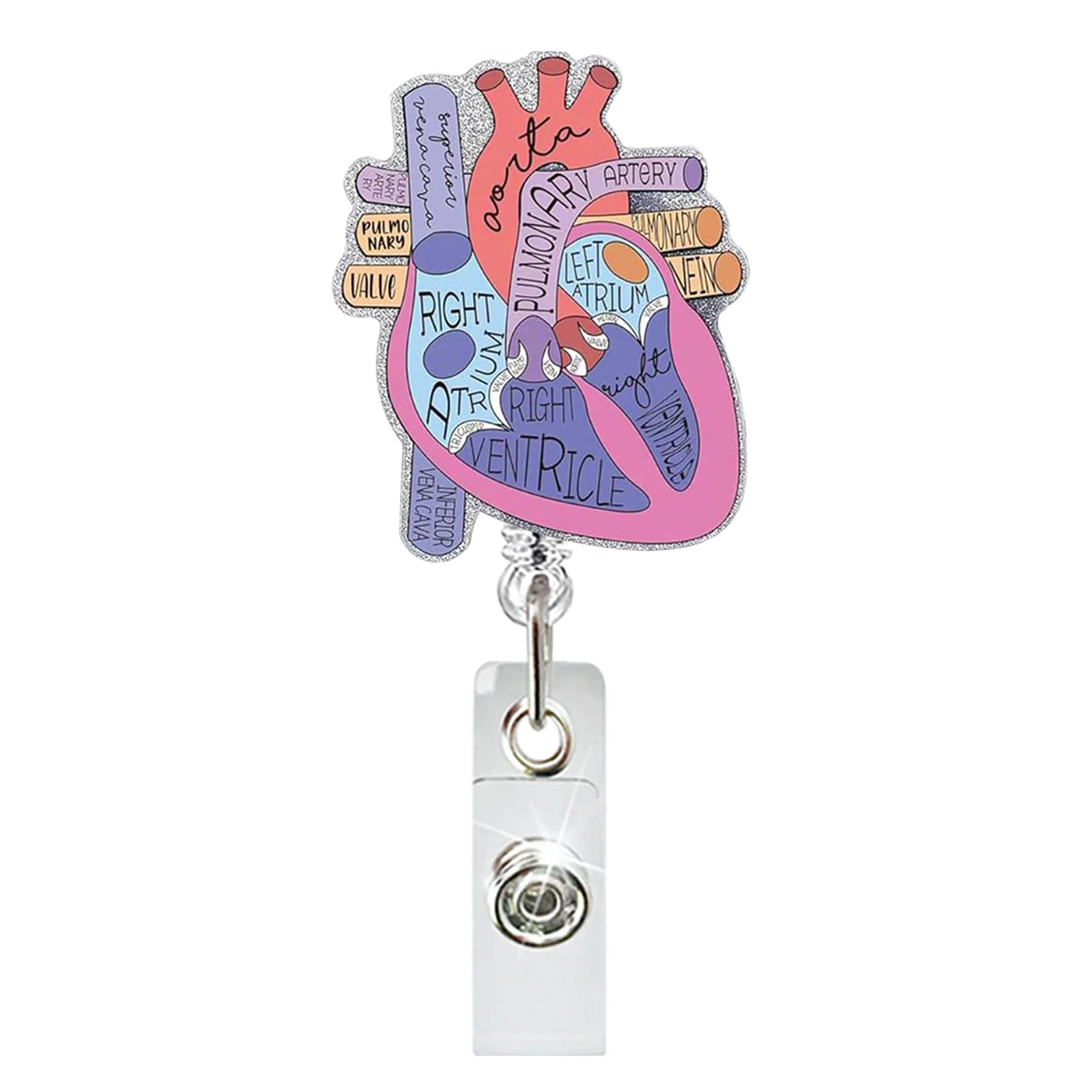 Medical Heart Lung Brain Acrylic Glitter Retractable Badge Reel Rotating Crocodile Clip ID Badge Holder for Doctor Nurse 6