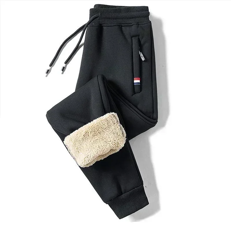Men's Casual Warm Running Pants Winter Lamb Wool Thickened Windproof Drawstring Fleece