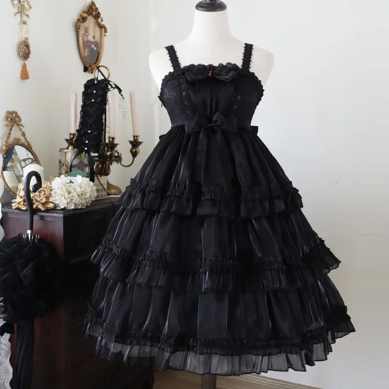 Love Organza Sweet Lolita JSK Dress Tiered Cute Mini Party Dress Gothic Y2k Pink Princess Dresses lolita dress,lolita suspender dress,lolita cosplay costumes